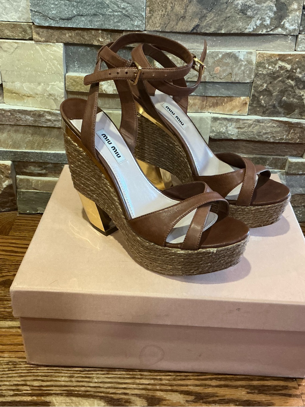 Miu Miu Tan And Gold Wedge Sandals
